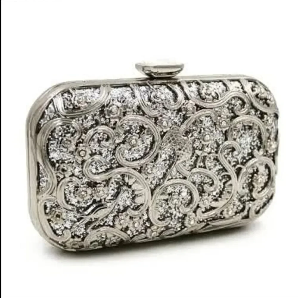 Fawzyia Designer Elegant Silver Clutch Purse Evening Cocktail Wedding Bridal Bag